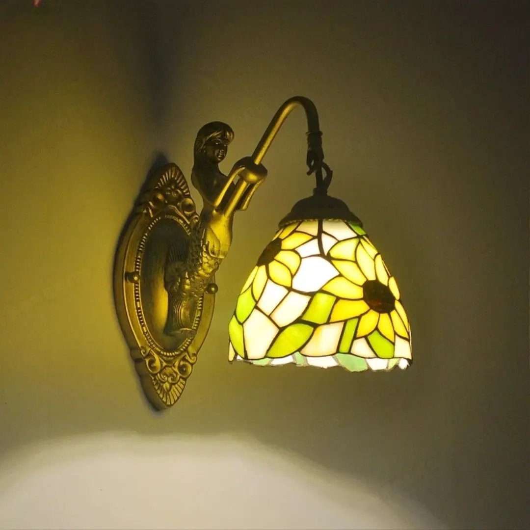 Tiffany Style Mermaid Glass LED Wall Lamp with bronze mount and sunflower mosaic shade on Tampa Home & Garden Store
