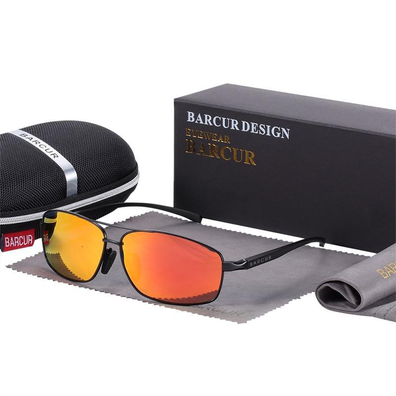 Rectangular polarized sunglasses with orange mirrored lenses, black frame Barcur design, case on Tampa Home & Garden Store