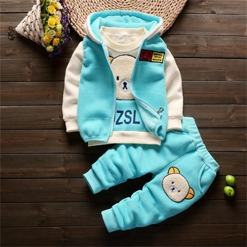 Stevvex baby three-piece winter set: turquoise hooded jacket, bear-print sweater, pants on Tampa Home & Garden Store