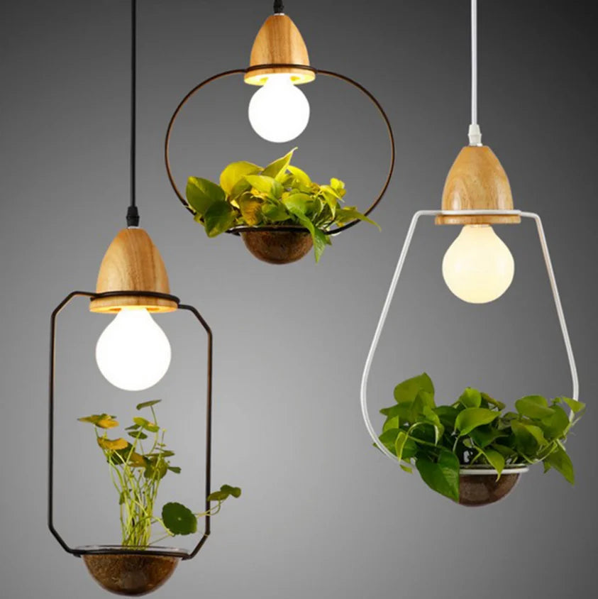 hanging bulb plants Art Deco LED Plant Pendant Light Wood Base Rustic Hanging Lamp for Dining Cafe Bar