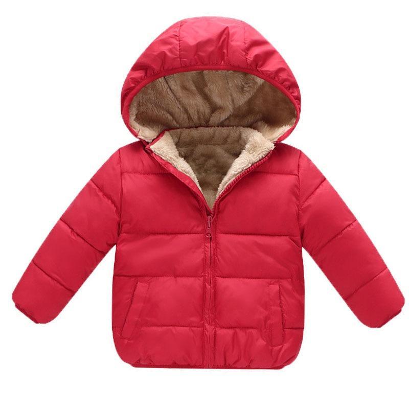 Newborn Stevvex red puffer jacket with hood, beige fleece lining, zip front, two pockets on Tampa Home & Garden Store