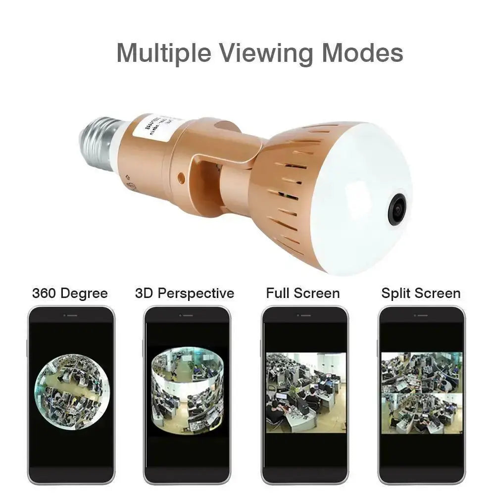 200W wireless camera bulb with 2MP panoramic WiFi, bronze bulb with lens, 360°/full view options on Tampa Home & Garden Store