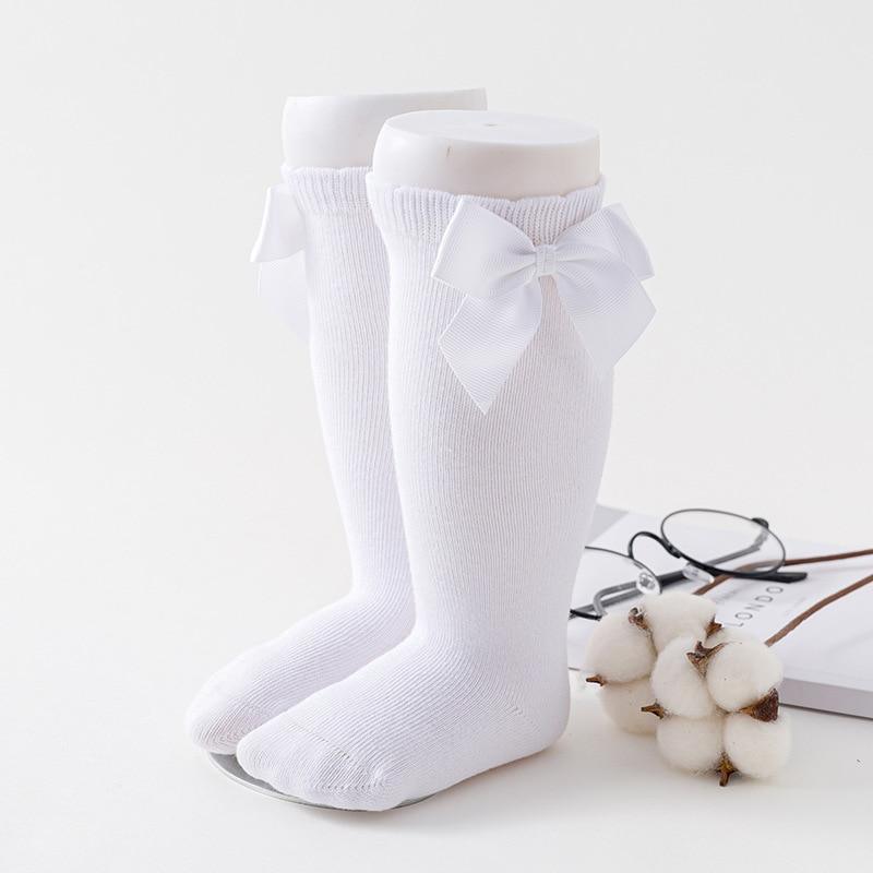 Baby girls knee socks Stevvex white pair with large bow, soft cotton, stretchable on Tampa Home & Garden Store
