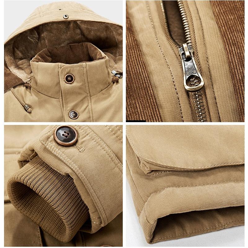 Stevvex hooded parka in tan with metal zipper, button cuffs and hem, cotton winter jacket on Tampa Home & Garden Store