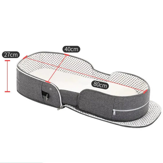 Baby folding travel crib in gray fabric with dotted interior, 80cm long, 40cm wide on Tampa Home & Garden Store