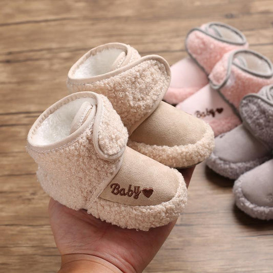 Newborn baby soft plush booties Stevvex beige fleece infant shoes with embroidered Baby heart on Tampa Home & Garden Store