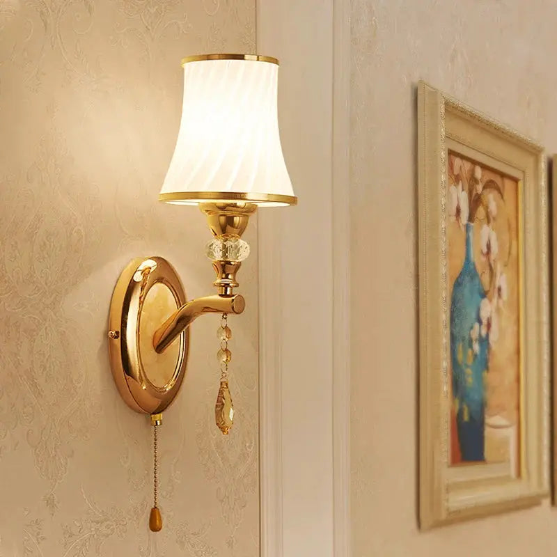 Nordic LED Wall Sconce with Glass Shade gold brass finish, crystal drop accents by Moktan Sabai on Tampa Home & Garden Store