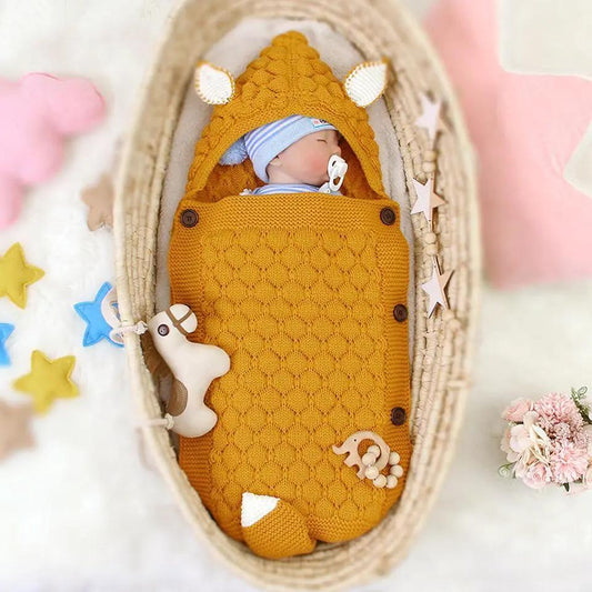 Newborn baby swaddle blanket by Stevvex in mustard honeycomb knit with hooded ears on Tampa Home & Garden Store