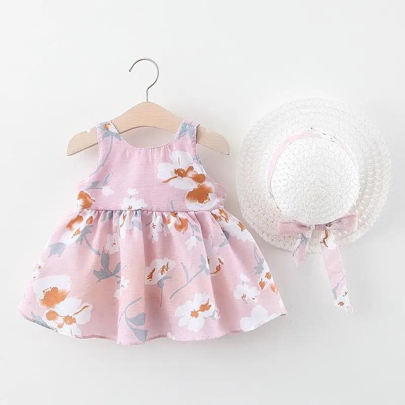 Luxury Modern Bow Print Dress With Hat For Baby
