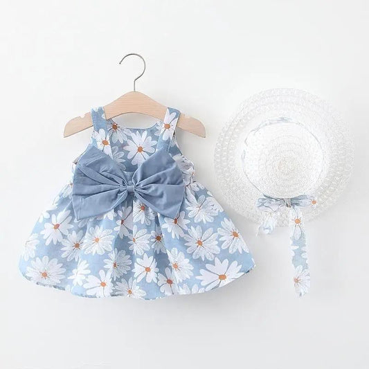 Stevvex baby blue daisy print dress with big bow and matching hat 2-piece set for newborns on Tampa Home & Garden Store