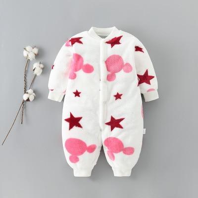 Newborn baby fleece romper with pink dinosaur print and red stars on white by Stevvex on Tampa Home & Garden Store