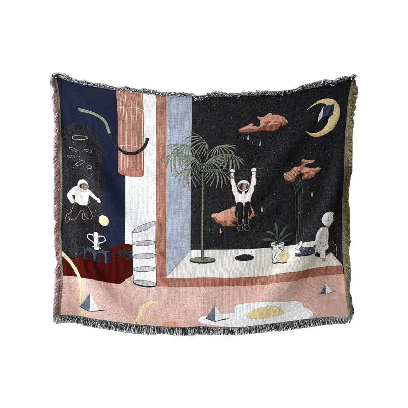 Nordic throw blanket with fringe; multicolor space and palm tree scene with astronaut motif on Tampa Home & Garden Store