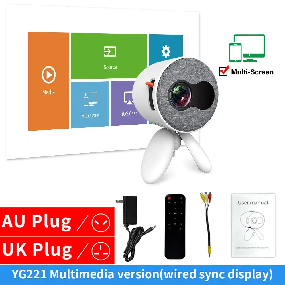 Mini portable pocket projector with 3.5mm audio, white tripod unit displaying interface, remote on Tampa Home & Garden Store