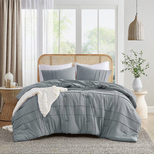 Full/Queen size Pleated Pre-Washed Microfiber Comforter Set in Blue Grey - Tampa Home & Garden Store