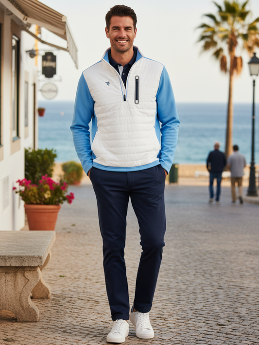 Hampton Pullover Technical Layer white quilted body with blue sleeves by White Water Life on Tampa Home & Garden Store