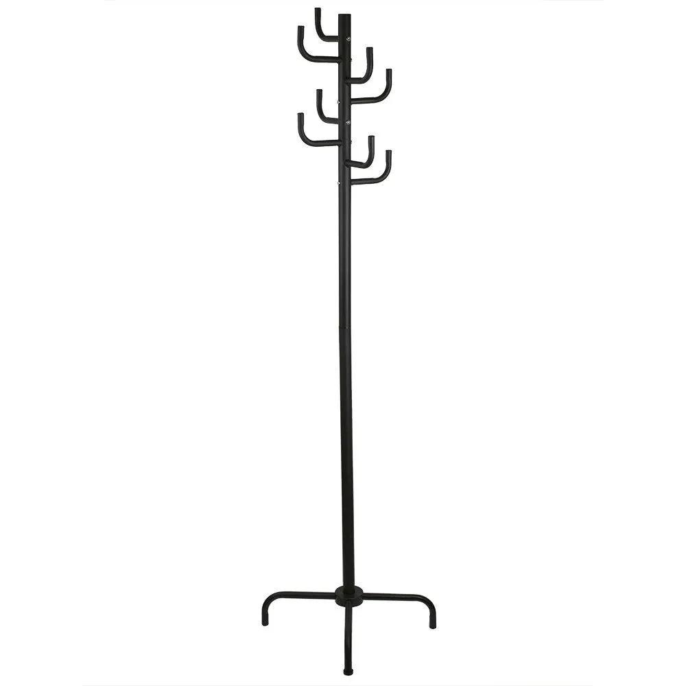 Black metal coat rack and hall tree with hooks on tall stand and four-foot base on Tampa Home & Garden Store