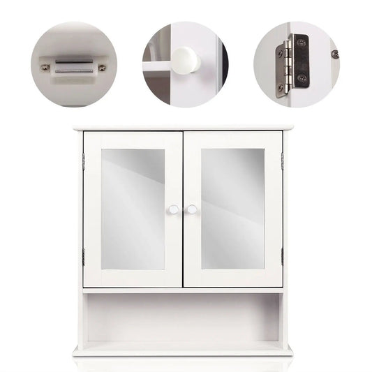 White 2-door mirrored medicine cabinet with open shelf and glass doors on Tampa Home & Garden Store