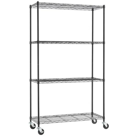 Heavy duty black steel shelving unit with four wire shelves and locking casters HomePacific Industrial Shelving on Tampa Home & Garden Store