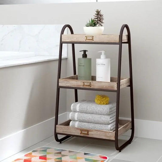 Industrial 3-tier bathroom storage shelf with wood shelves and dark metal frame HomePacific on Tampa Home & Garden Store