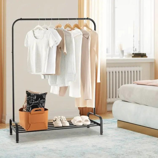 Heavy duty metal garment rack with bottom shelf in black finish, clothes on rack on Tampa Home & Garden Store
