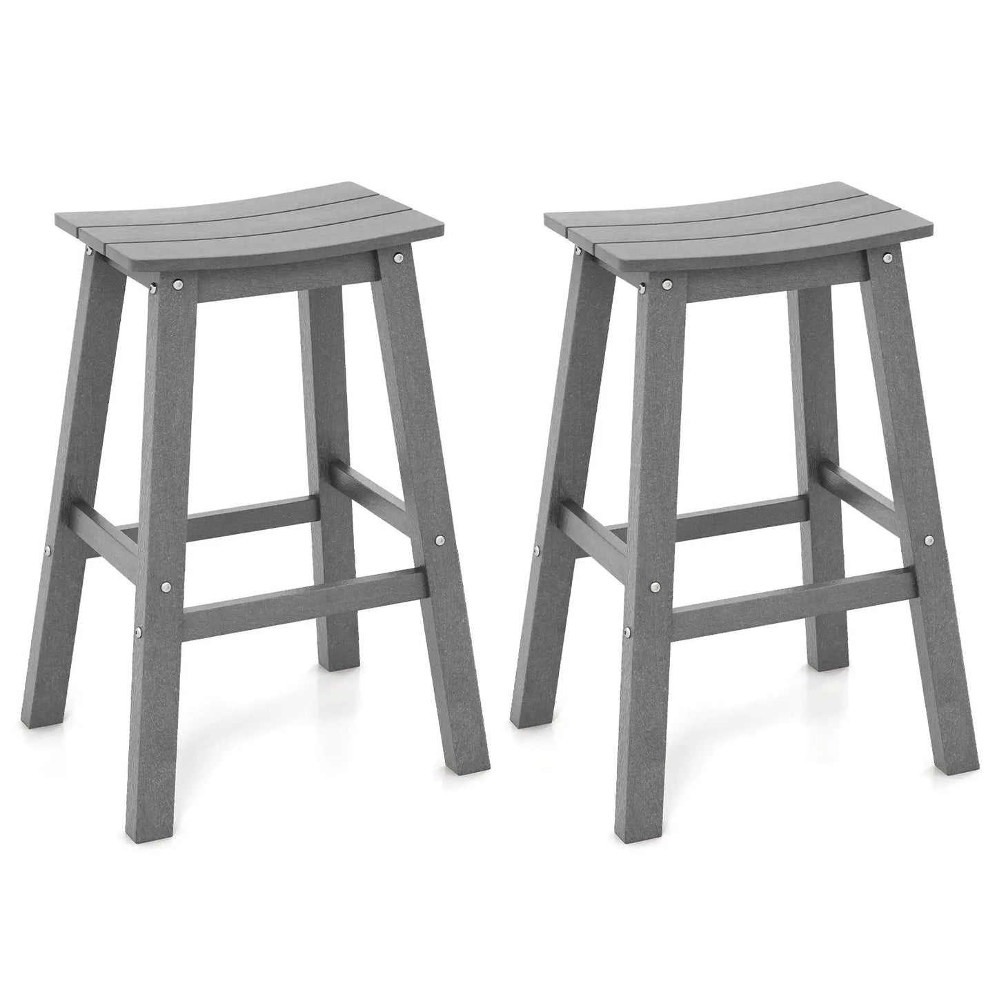 Two gray 29-inch HDPE patio bar stools, armless saddle-style with slatted seats on Tampa Home & Garden Store