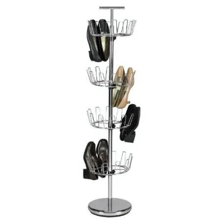 Chrome 4-Tier Revolving Shoe Rack holds 24 pairs, chrome metal rotating shoe organizer on Tampa Home & Garden Store