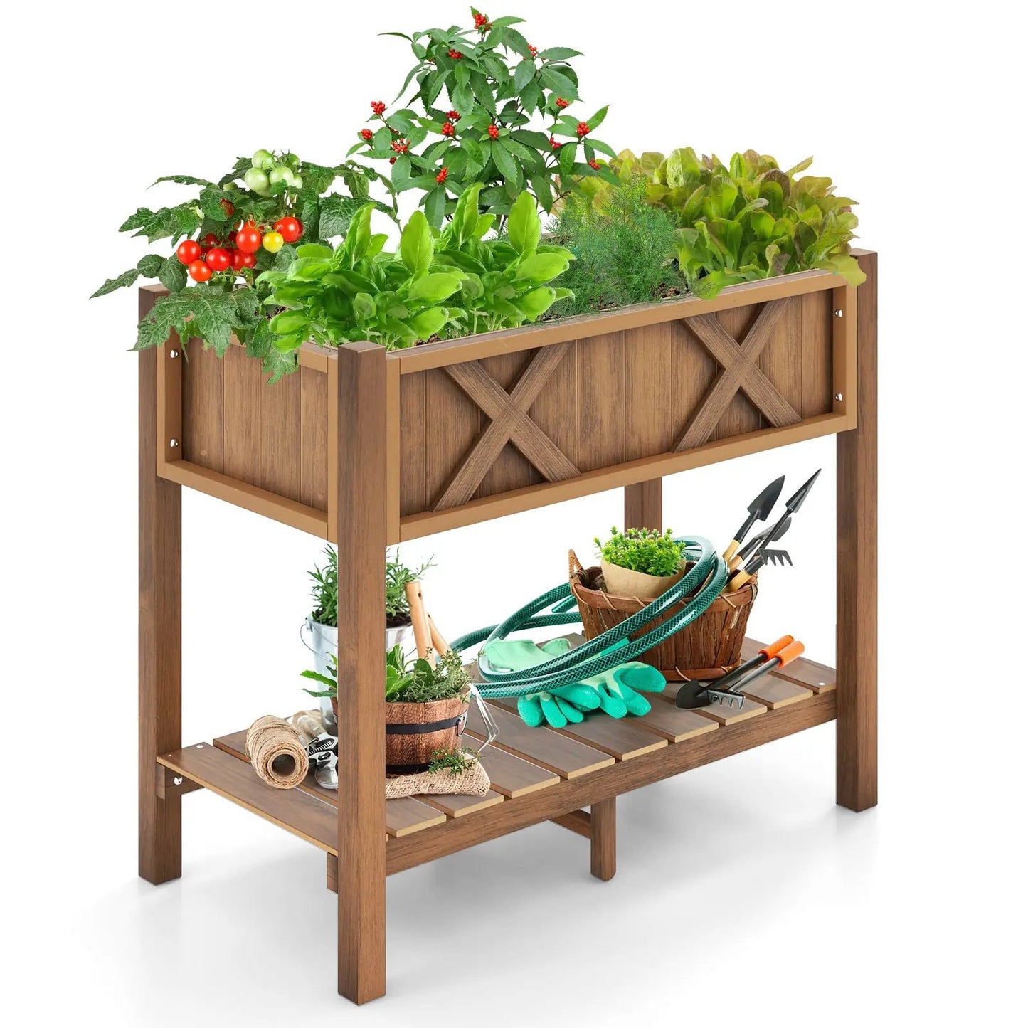 Hips Raised Garden Bed Poly Wood Elevated Planter on a wood stand with X-brace lattice on Tampa Home & Garden Store