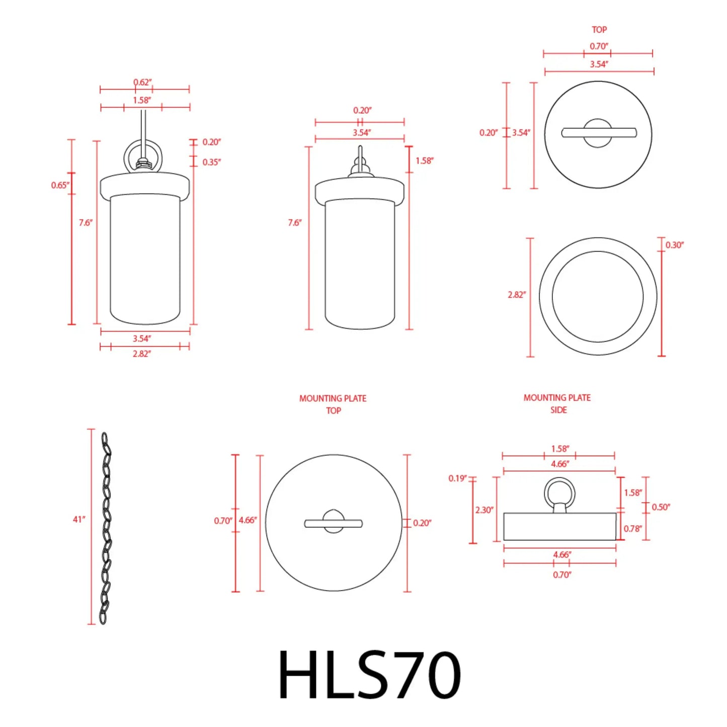 HLS70 12V LED Marble Cylinder Pendant Light technical drawing with top & side views on Tampa Home & Garden Store