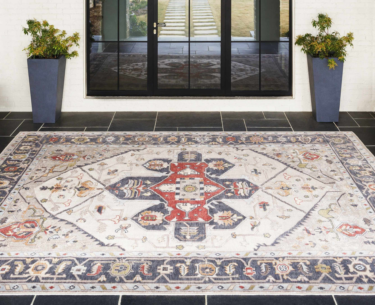 Halayhayin Premium Rug by Boutique Rugs, ivory ornate rug with blue and red accents on Tampa Home & Garden Store