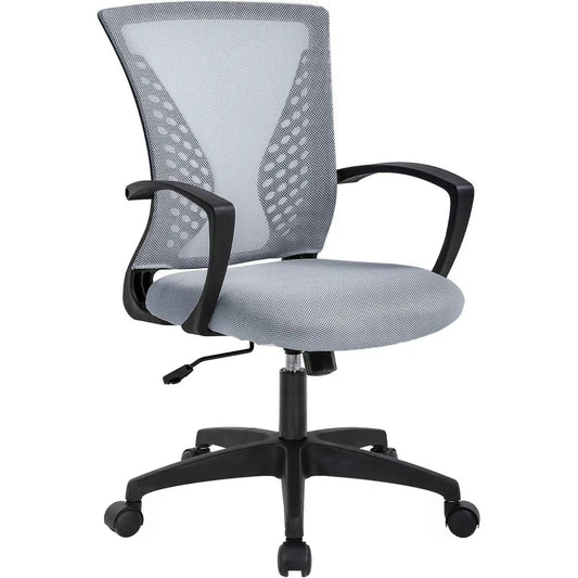 Gray Mesh Office Chair with Armrests; gray back, cushioned seat on a black wheeled base on Tampa Home & Garden Store