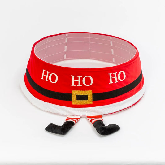 Ho Ho Ho Tree Collar Santa Belt design, 30in red tree collar with black belt and gold buckle white trim on Tampa Home & Garden Store