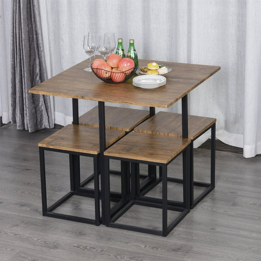 Farmhouse 5-Piece Walnut Dining Set with square table and benches, walnut top, black metal frame on Tampa Home & Garden Store