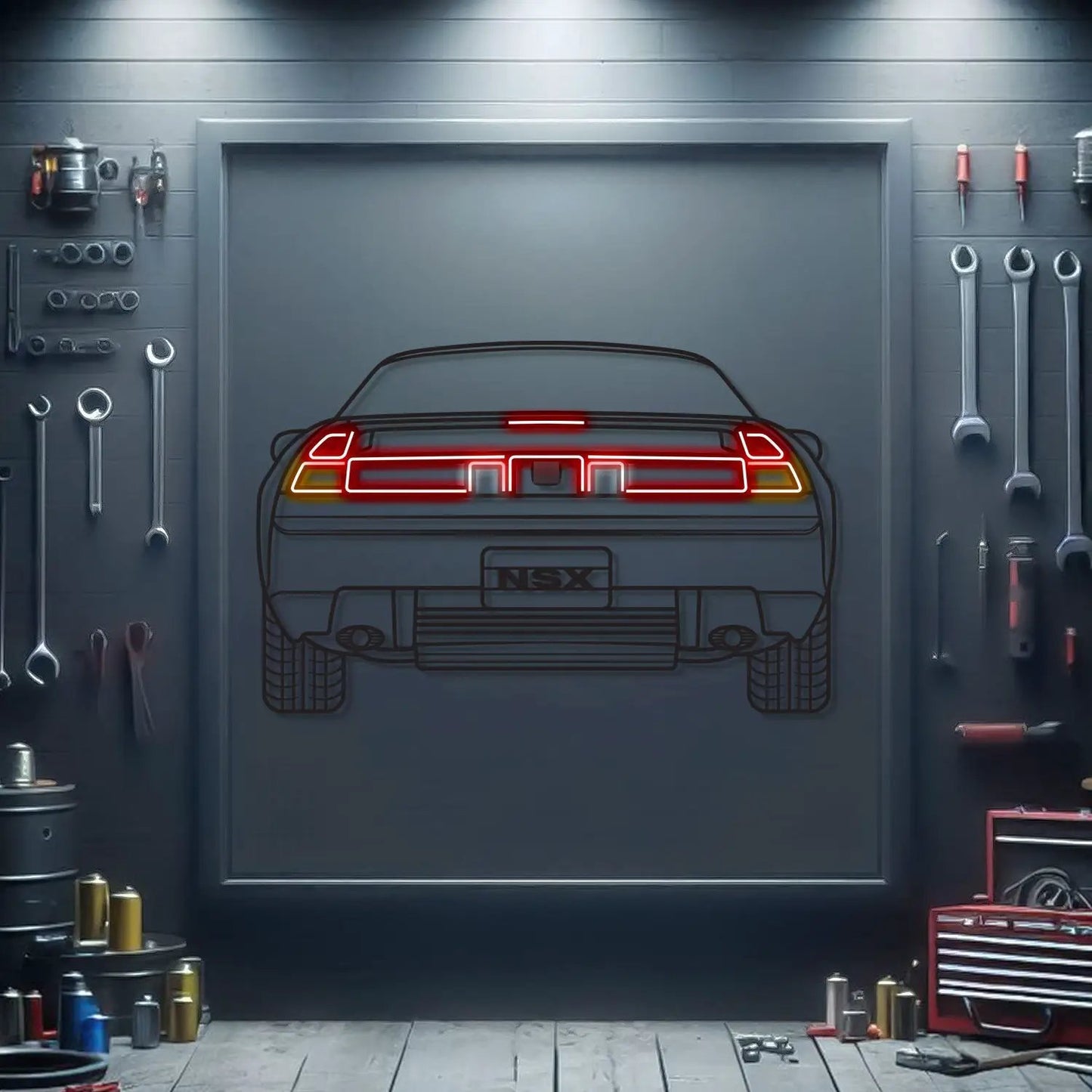 NSX back view metal neon car wall art by Modello Turbo in red neon on Tampa Home & Garden Store