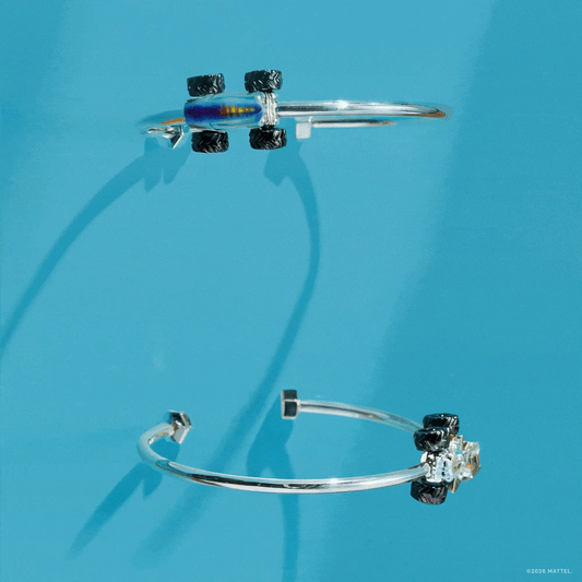 Bracelet: Hot Wheels Mega Wrex Moveable Cuff with blue monster truck charm on silver band on Tampa Home & Garden Store