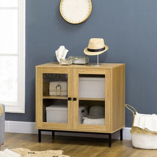 Modern glass-door sideboard buffet in oak finish with glass fronts and black legs HomePacific on Tampa Home & Garden Store