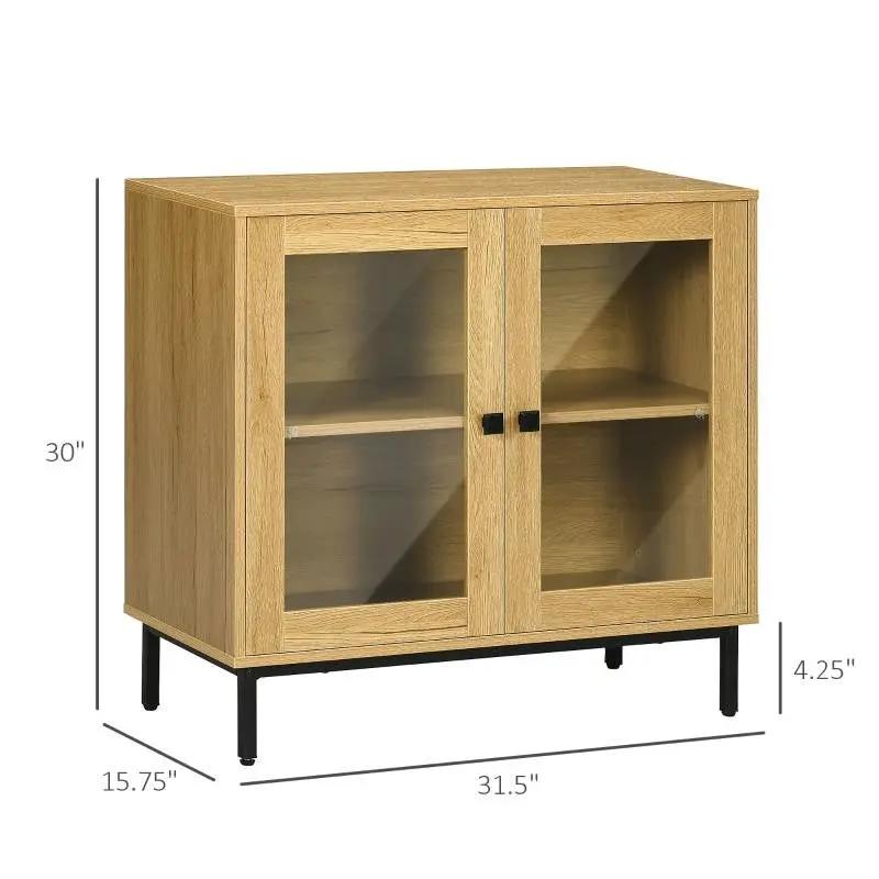 Modern Glass Door Sideboard Buffet Dining Storage Cabinet in Oak Wood Finish - Tampa Home & Garden Store