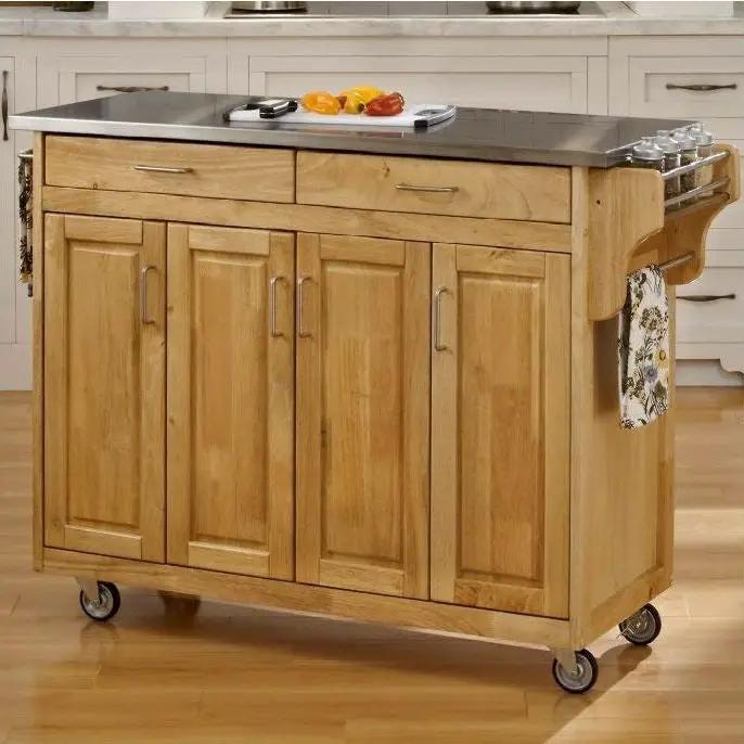 Stainless Steel Top Wooden Kitchen Cart Island with Casters - Tampa Home & Garden Store