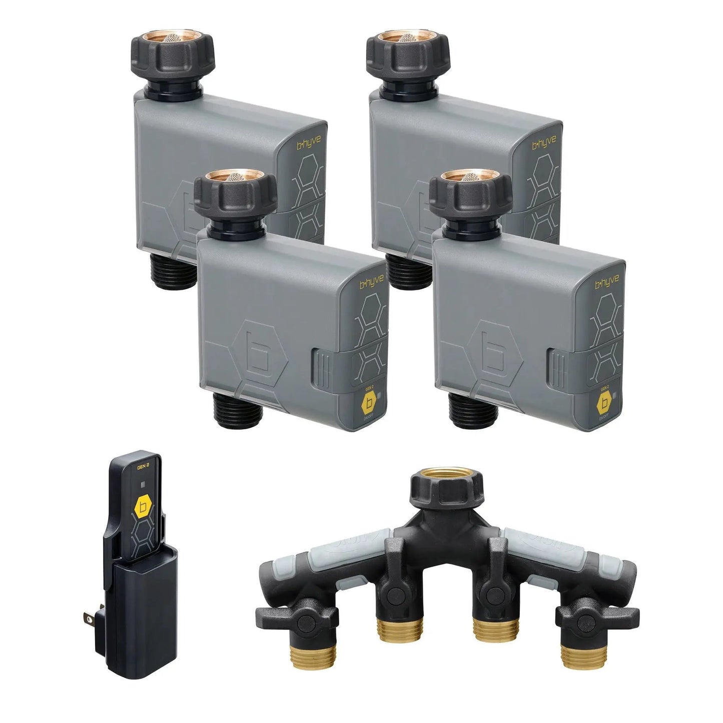 Gen 2 B-hyve Smart Hose Timer bundle 4-pack with gray housings and brass fittings on Tampa Home & Garden Store