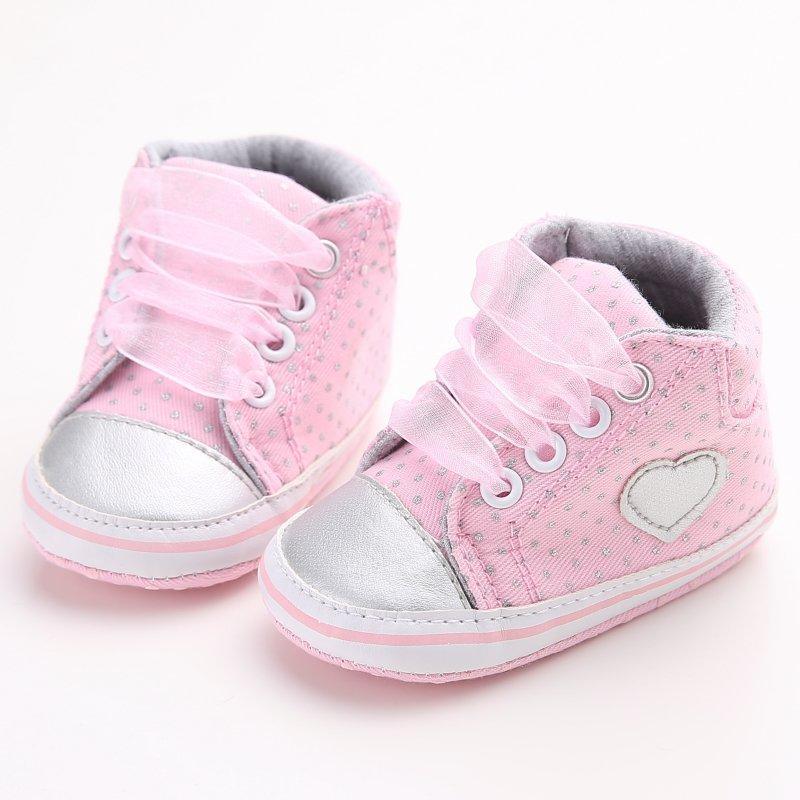 Infant pink dotted lace-up first walkers sneakers with heart patch and silver toe cap sole on Tampa Home & Garden Store