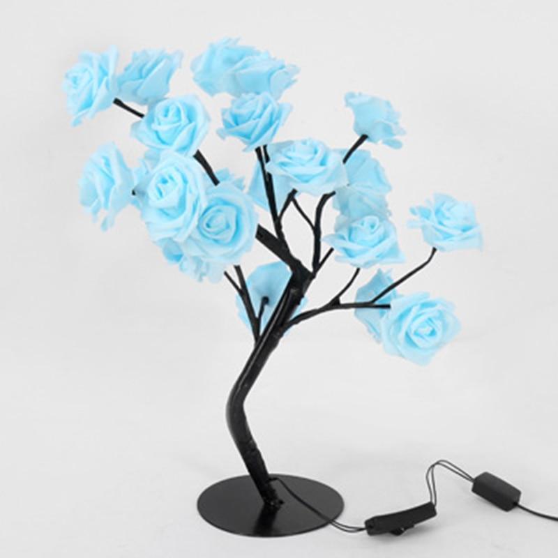 STEVVEX Rose Shaped Table Lamp with blue rose blossoms on a black branch tree, round base on Tampa Home & Garden Store