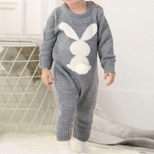 Baby romper Stevvex gray knit with white bunny silhouette, long sleeves on Tampa Home & Garden Store