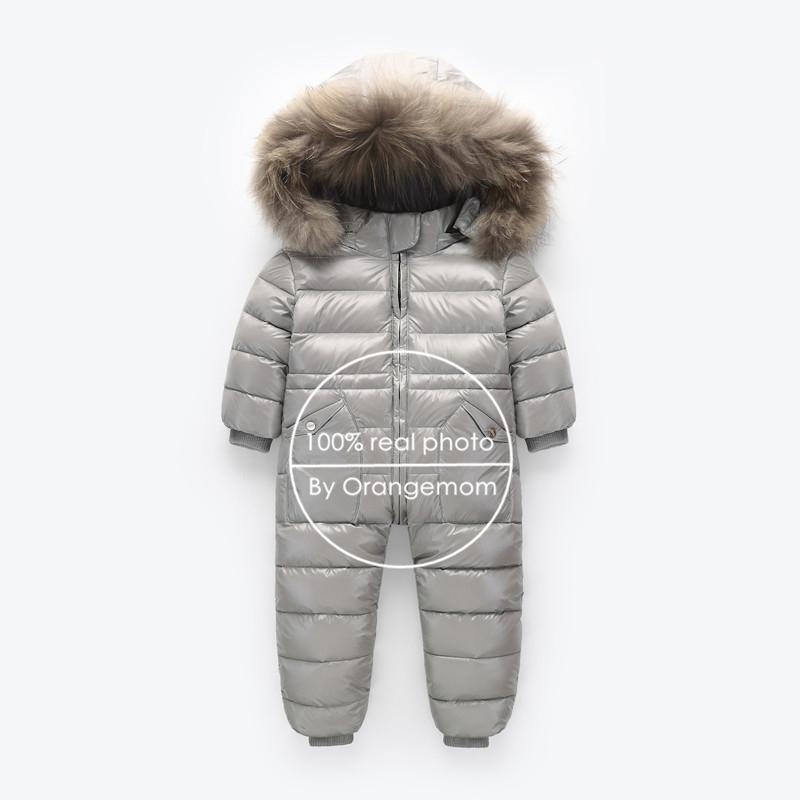 Stevvex baby snowsuit with fur-lined hood gray padded one-piece infant winter wear on Tampa Home & Garden Store