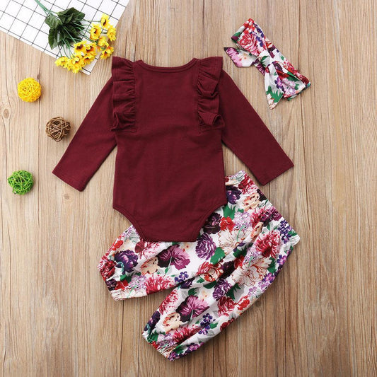 Stevvex 3pc baby girls outfit: burgundy ruffled-sleeve bodysuit, floral pants, headband on Tampa Home & Garden Store