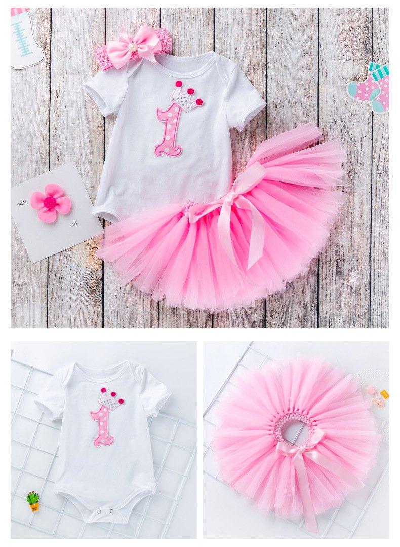 Stevvex 3pc baby birthday outfit: white onesie with pink crown, pink tutu skirt, headband on Tampa Home & Garden Store