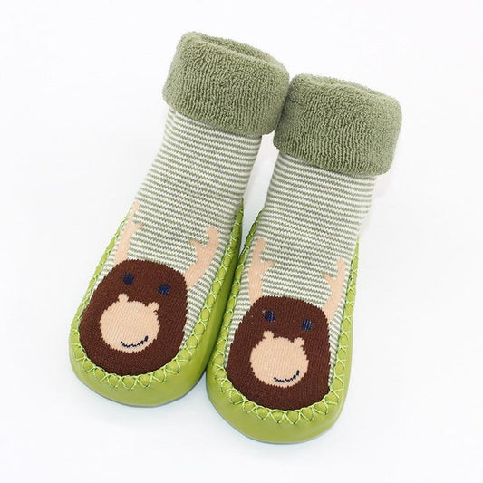 Baby warm stretchy booties by Stevvex with rubber soles pair; knit, green cuffs, moose design on Tampa Home & Garden Store