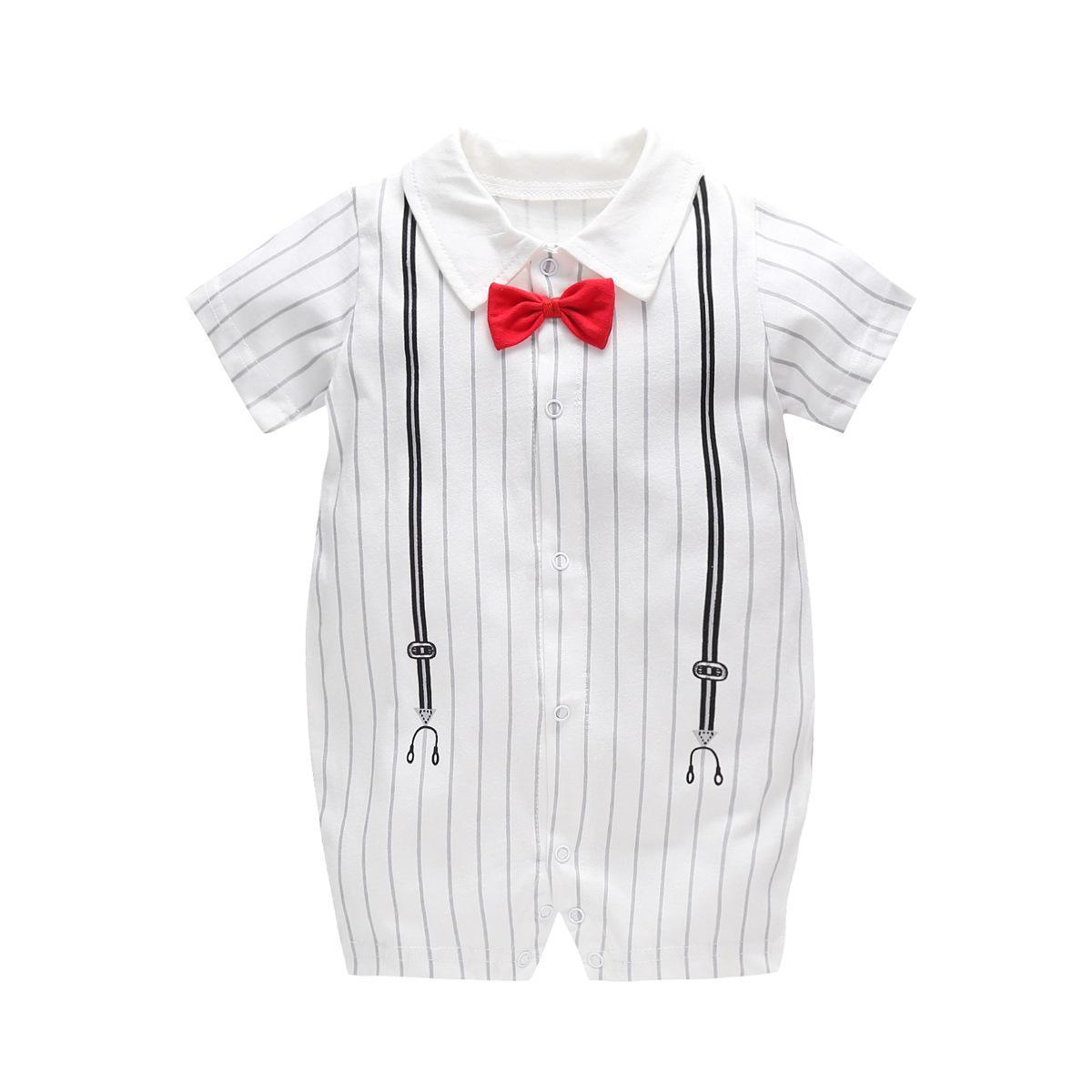 Stevvex baby romper jumpsuit with white cotton, navy pinstripes, red bow tie and suspenders print, 0-12M on Tampa Home & Garden Store