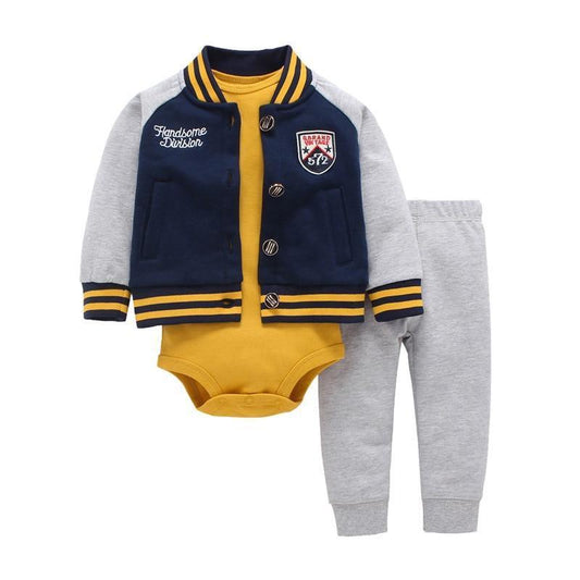 Baby outfit set: navy varsity jacket, gray sleeves, mustard onesie, gray pants; Stevvex 3-piece on Tampa Home & Garden Store