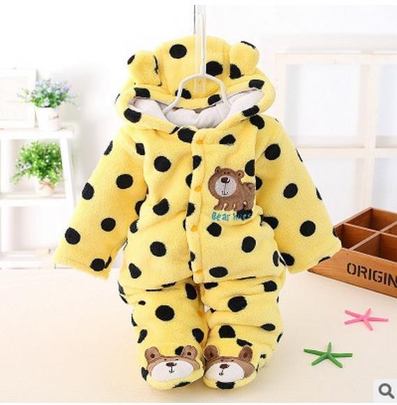 Modern Winter Baby Bear Hooded Romper, yellow plush with black polka dots Stevvex on Tampa Home & Garden Store