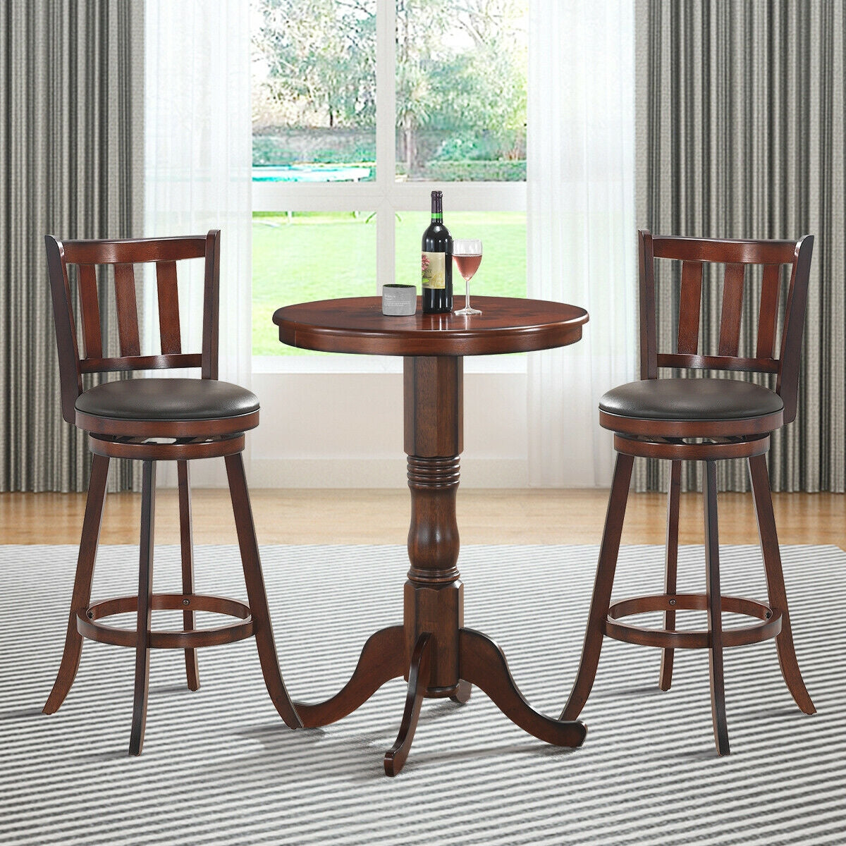 Two Piece 360 Degree Swivel Counter Stool Set in dark wood with leather seats around a table on Tampa Home & Garden Store