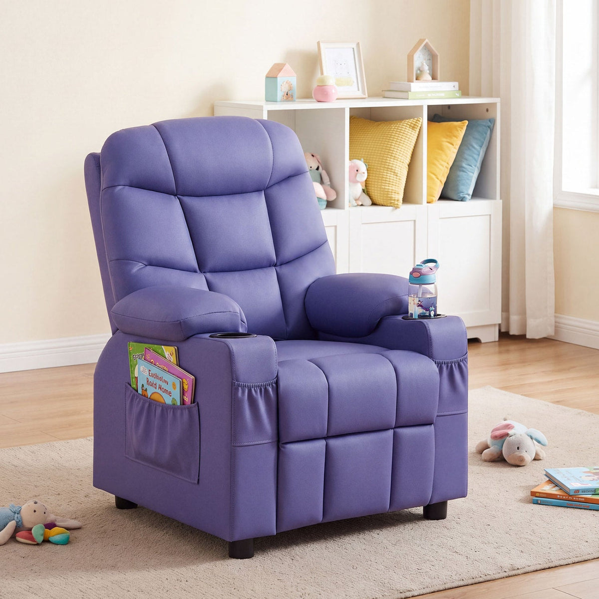 Kids recliner chair purple from DirectDeals with cup holder and footrest, side pocket for books on Tampa Home & Garden Store